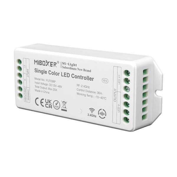 Miboxer 2.4 GHz einfarbiger Dimmer LED Streifen Controller DC12V-36V max. 20 A PWM Push Dimmer mit Hoch/Niederfrequenzunterstützung (FUT036P)