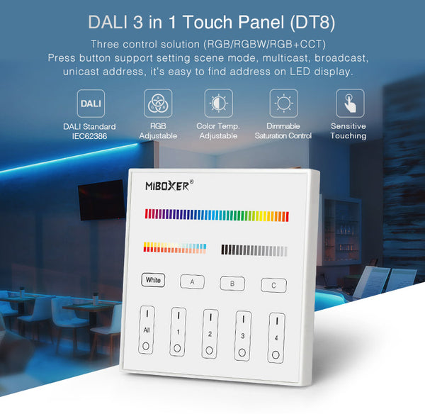 Miboxer DALI RGB/RGBW/RGBCCT 3-in-1-Touchpanel mit LED-Displa, DT8 (DP3S)