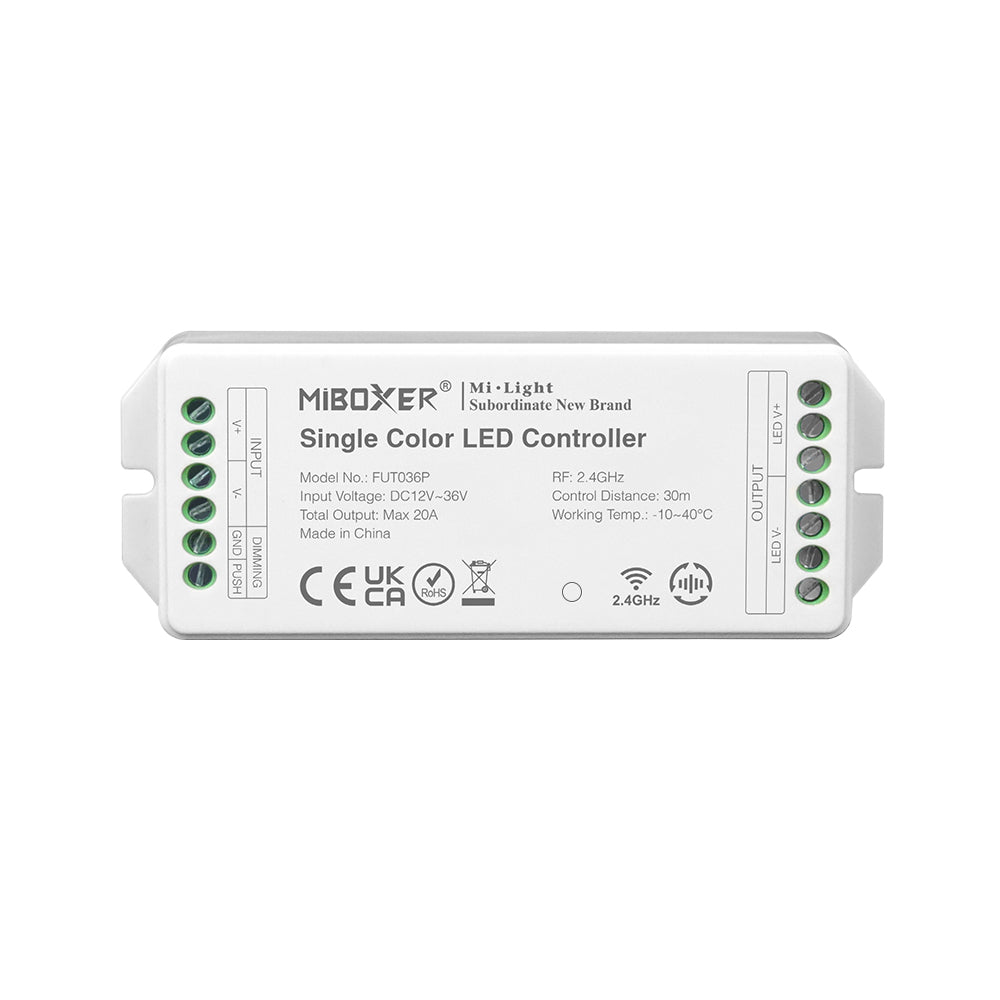 Miboxer 2.4 GHz einfarbiger Dimmer LED Streifen Controller DC12V-36V max. 20 A PWM Push Dimmer mit Hoch/Niederfrequenzunterstützung (FUT036P)