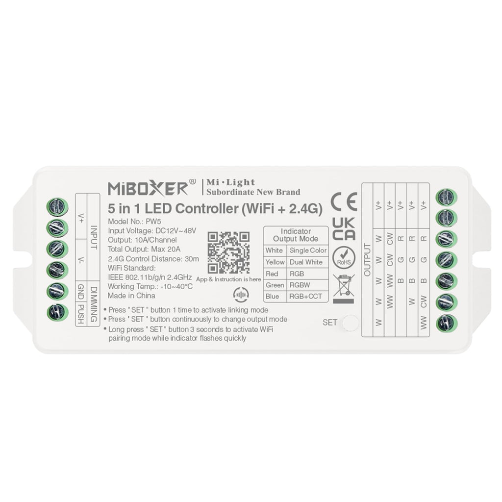 Miboxer 5 in 1  LED Controller  (WiFi+2,4G) DC 12V–48V Hohe Leistung, max. 20A, TUYA App und Sprachsteuerung, unterstützt Push-Dimmer (PW5)