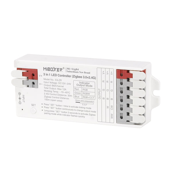 Miboxer 3 in 1 LED Controller (Zigbee 3.0+2,4GHz) DC 12V/24V, kompatibel mit Zigbee 2,4 GHz-Fernbedienung, APP/Sprachsteuerung (E3-ZR)