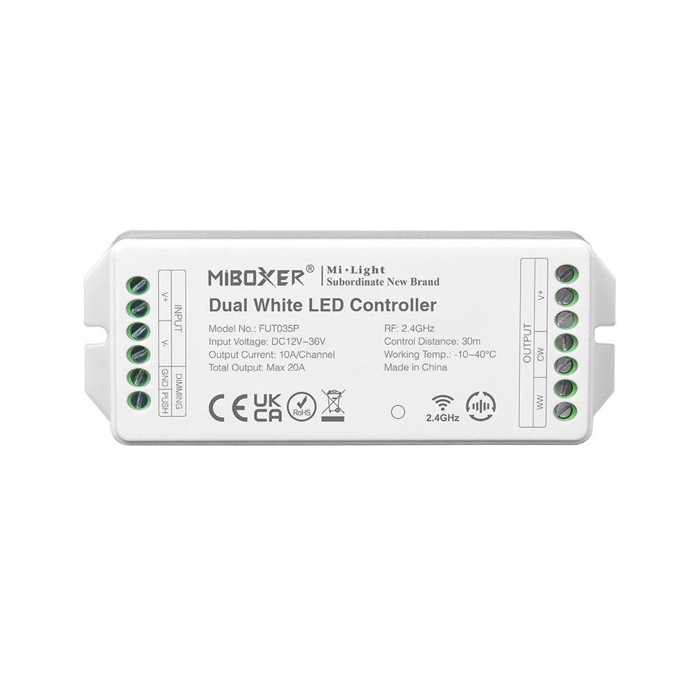 Miboxer 2.4 GHz Farbtemperatur Dual Weiß LED Streifen Controller DC12V-36V Max. 20 A PWM Hoch/Niederfrequenz, unterstützt Push Dimmer (FUT035P)