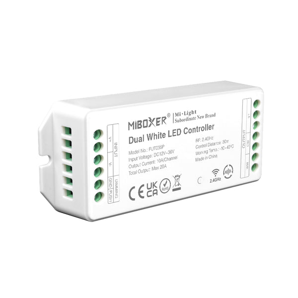 Miboxer 2.4 GHz Farbtemperatur Dual Weiß LED Streifen Controller DC12V-36V Max. 20 A PWM Hoch/Niederfrequenz, unterstützt Push Dimmer (FUT035P)